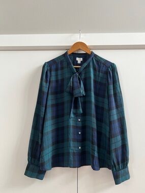 J. Crew Teal & Navy Plaid Tie-Neck Blouse
